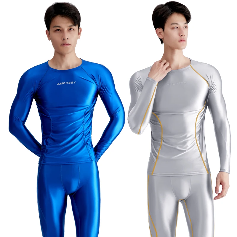 

sexy Men glossy Round Neck Long Sleeve Satin Oil T-Shirt Spandex Compression Surfing Sports Fitness Running Smooth Top Tights