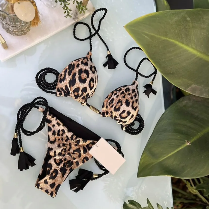 Sexy Leopard Print Bandage Bikini Set Triangle Swimsuit Push Up Swimsuit Beach Tie Bikini Set Summer Beach Outfit Thong Swimsuit