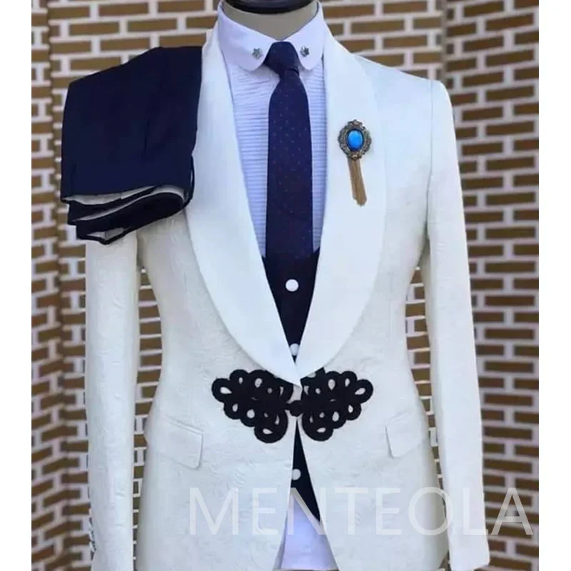 Formal Wedding Tuxedo For Groomsmen Men Suits With Buttons Shawl Lapel Male Fashion Best Man Floral Jacket Pants Vest