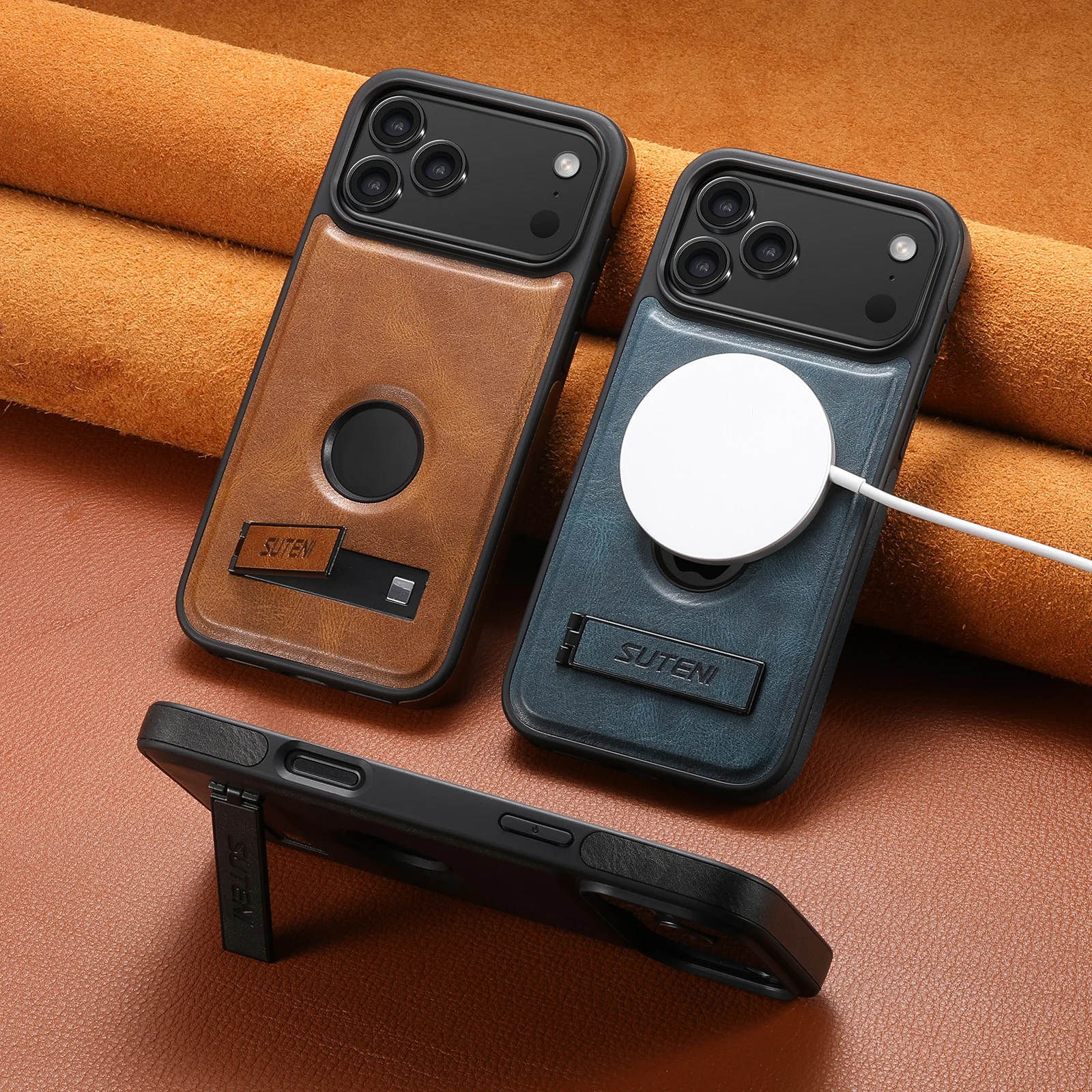 SUTENI Luxury Faux Leather Phone Case Stand Magnet Wireless Charging Smooth Surface For iPhone 17 Pro Max 16 Plus 15 14 13 12