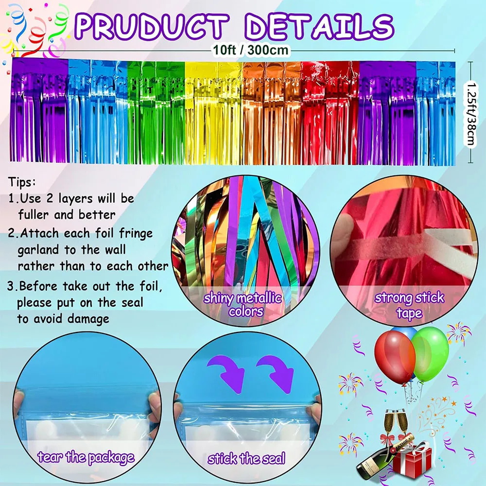 Bunte Folien-Fransengirlande Regenbogen-Lametta-Banner-Vorhang für Festwagen, Karneval, Geburtstag, Pride-Party-Dekoration – Detail 2