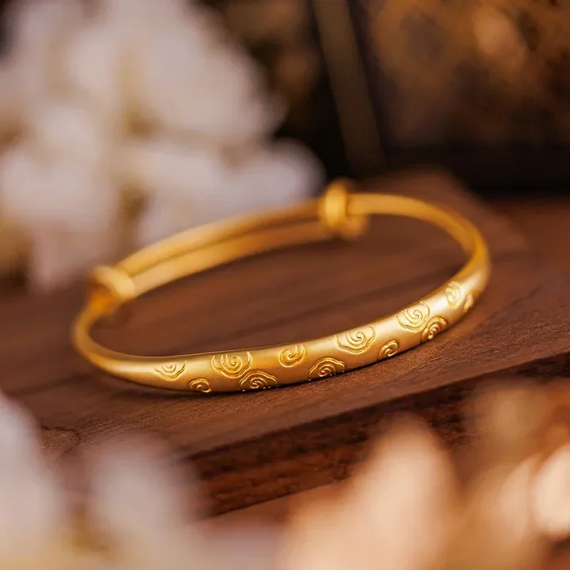 9999 Real Gold 24K auspicious cloud pattern push-pull bracelet, ethnic style k gold matte texture auspicious cloud bracelet