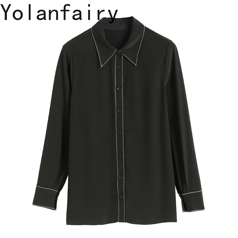 

YOLANFAIRY Elegant Long Sleeve Shirts Woman Spring Autumn 100% Real Mulberry Silk Women Shirt Lapel Fashion Shirts Female 2025