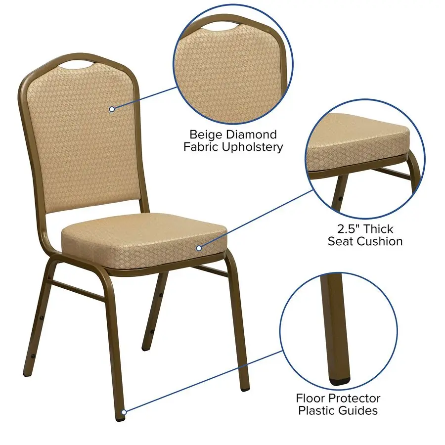 Crown Back Banquet Chair, Beige Patterned Fabric Gold Frame