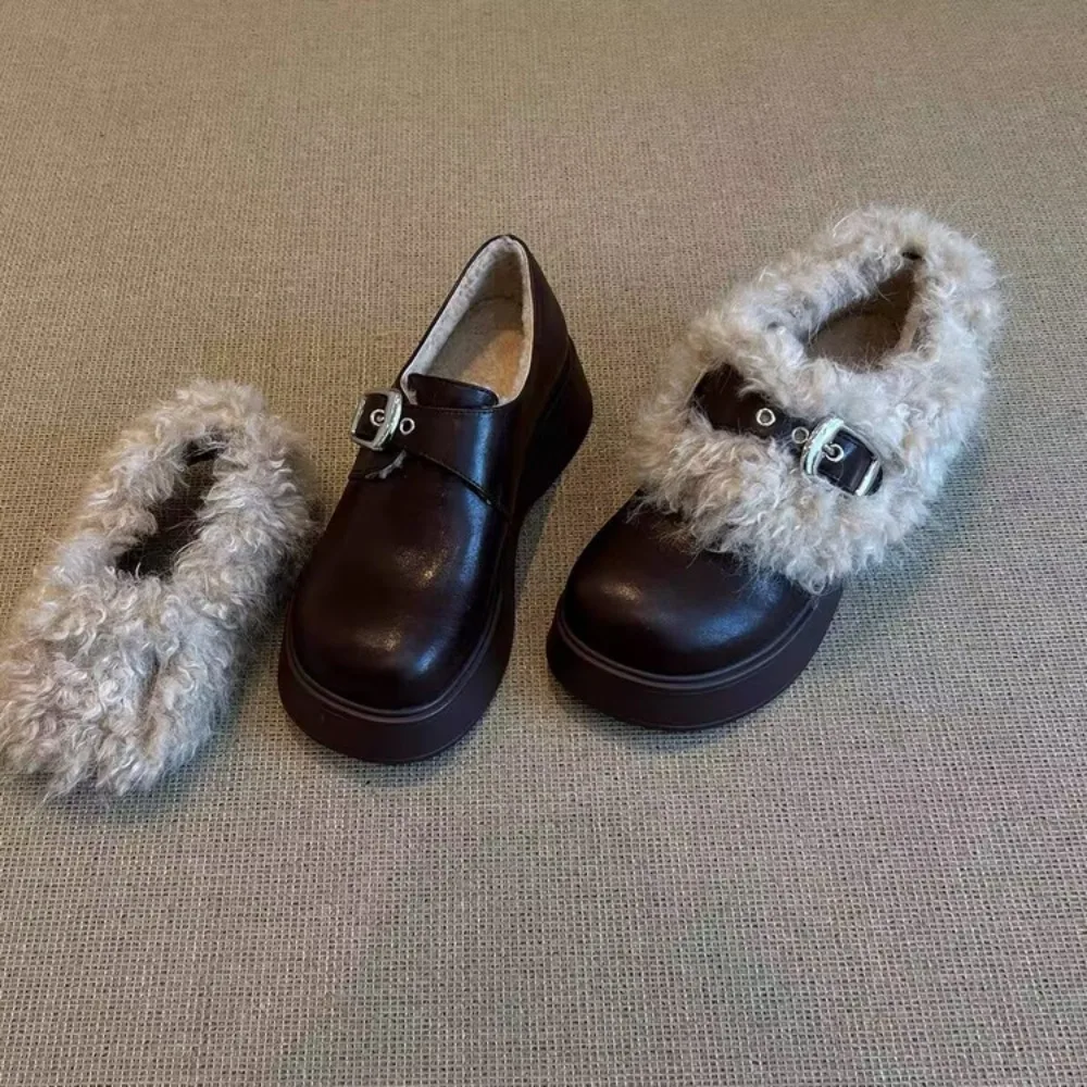 Vintage-Damenschuhe mit dicken Sohlen, All-Match-Fleece-gefüttert, warm, 1, modisch, Lofu, dicker Absatz, einlagige Schuhe