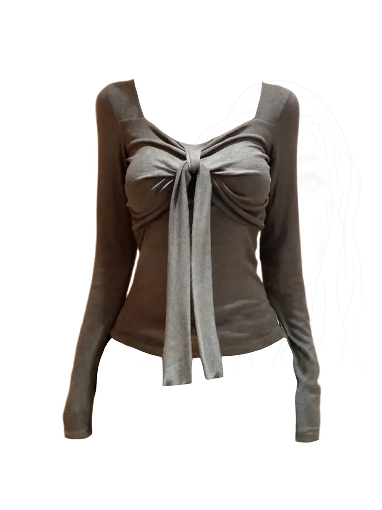 

Women Grey Bow T-shirt Aesthetic Y2k Gyaru Tee Top Vintage Long Sleeve Square Collar Oversize T-shirts 2000s Clothes Autum 2025
