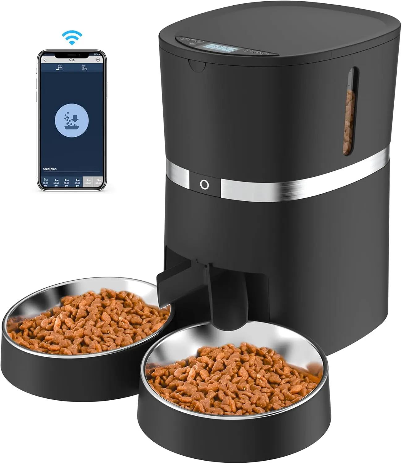 

WiFi Automatic Pet Feeder with App Control, Voice Recorder, Dual Bowls & Power Supply for Cats and Dogs
