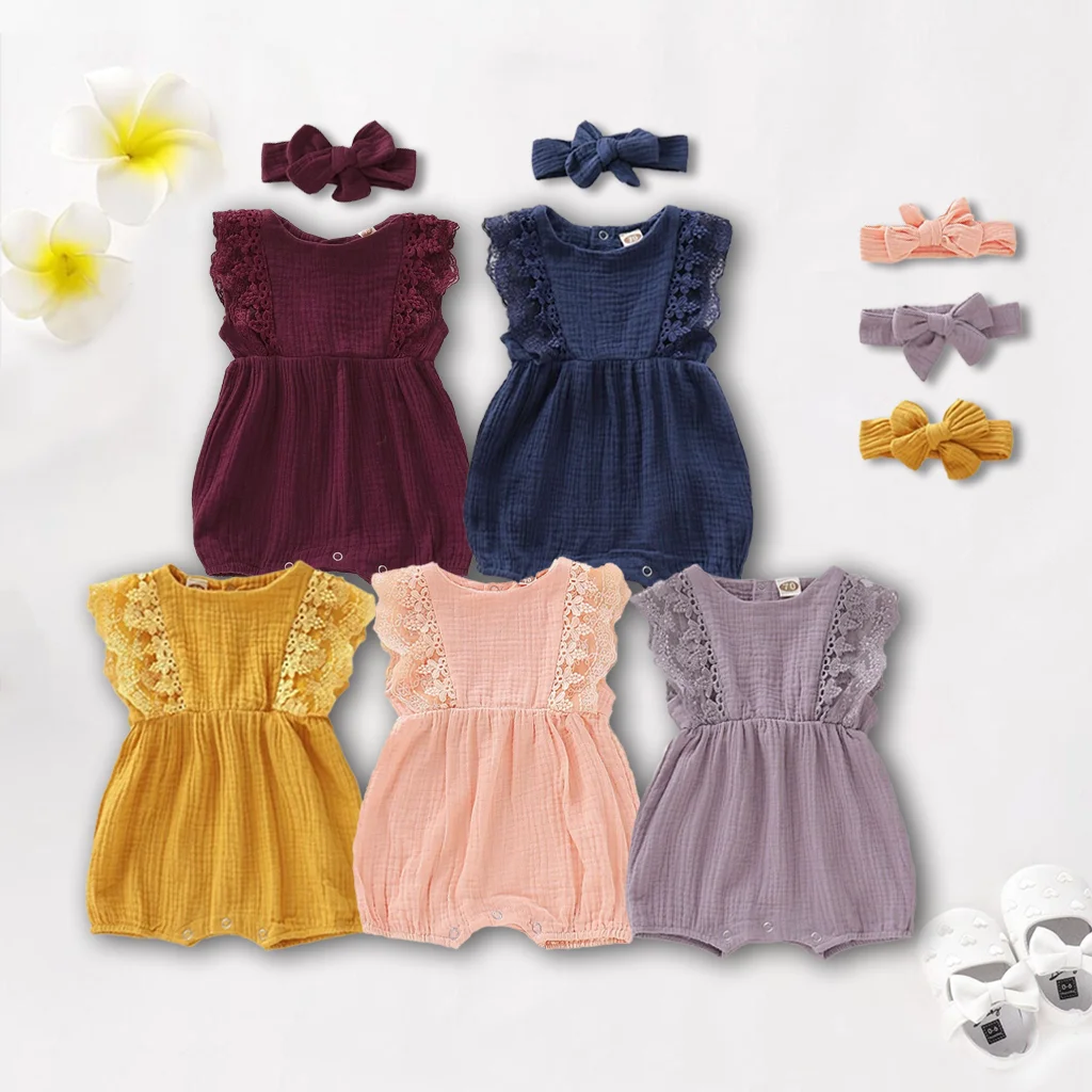 Newborn Baby Girl Solid Round Neck Lace Bodysuit and Headband Suitable for Cute Baby Girls Aged 0-18 Months Summer Bodysuit