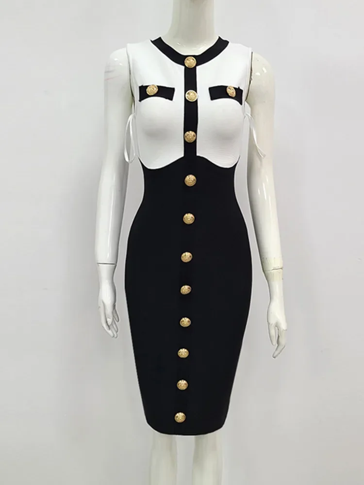 

Summer Women Sexy Sleeveless Tank Button Black White Bodycon Bandage Dress Elegant Celebrity Evening Party Dress Vestido