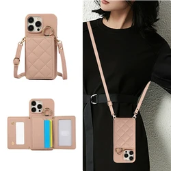 Luxury Crossbody Grid Leather Card Wallet Case For iPhone 11 12 13 14 15 16 17 Pro Max Plus Mirror Makeup Phone Cover With Ring
