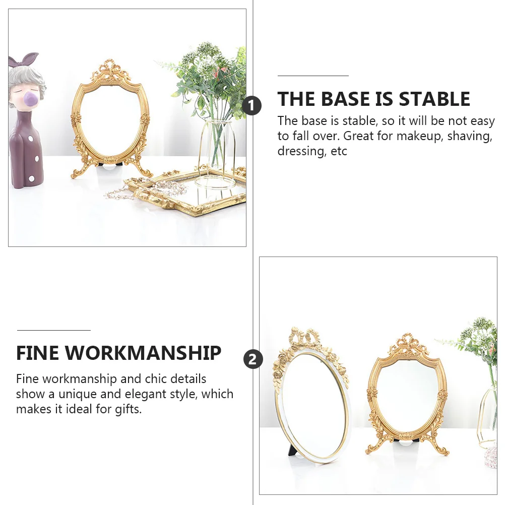 

1Pcs Retro Engraved Desktop Makeup Mirror Golden Clear High Definition Tool Standing Vintage Style Elegant Home Mirror