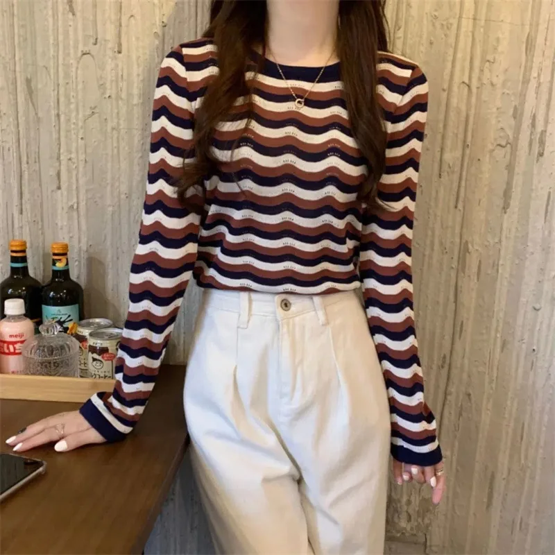 

New Neck Striped Sweater for Women 2024 Autumn Winter Lapel Bottom Shirt Loog Sleeve Inside Top Clothing