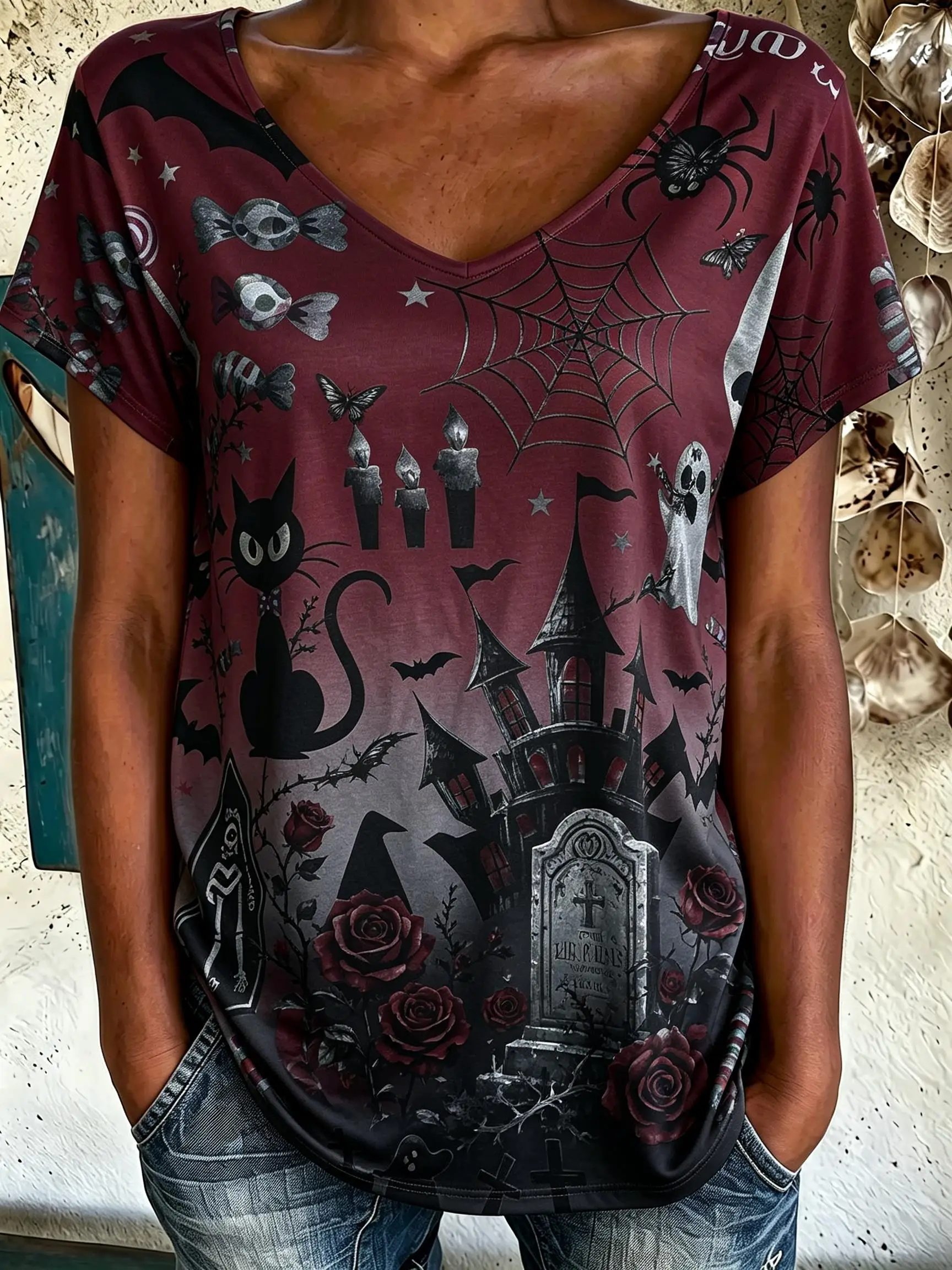 Women V‑Neck Short Sleeve T‑Shirt Halloween Full Print Castle Pumpkin Ghost Black Cat Candy Spider Web Casual Loose Holiday Tops