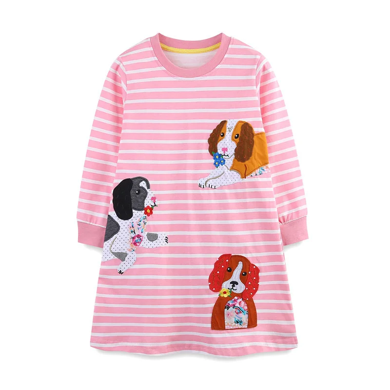 

Jumping Meters 2-7T Kids Girls Dresses Striped Dogs Applique Long Sleeve Autumn Spring Baby Clothes Party Toddler Costume