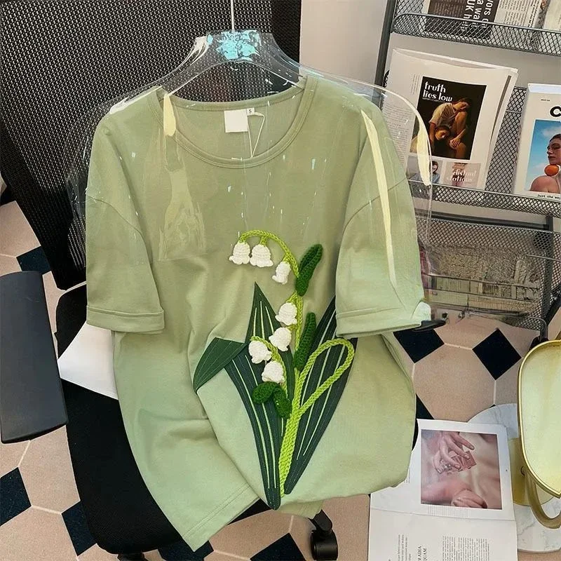 

DAYIFUN-Green Short Sleeve T-shirts for Women 3D Flower Design Cotton Embroidered Tshirt Large Size Couple Tops Summer Tees 2025