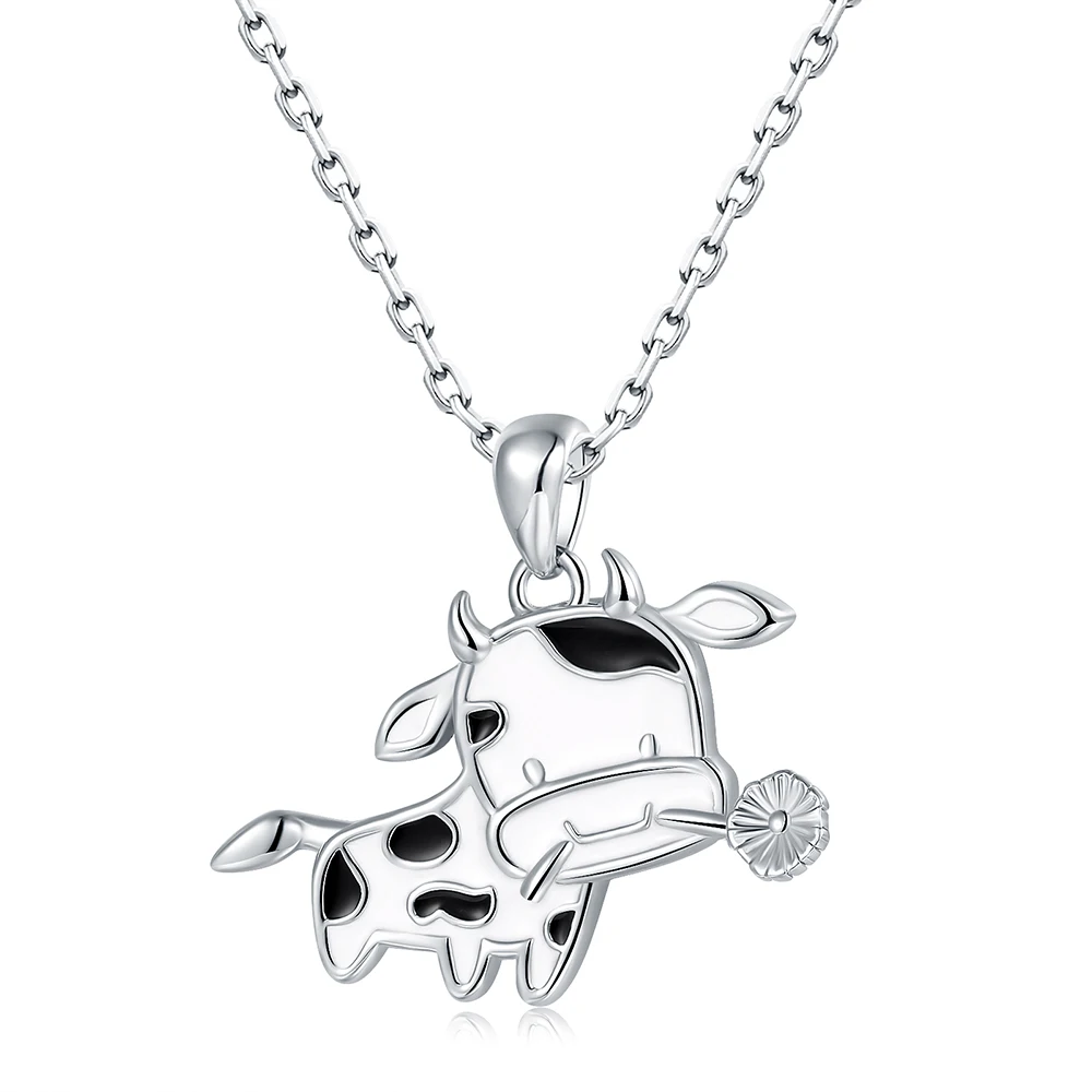 New 925-Sterling-Silver Cute Animal Cow With Enamel Pendant Necklace Brithday Valentine Jewelry Gifts for Women Girl Cow Lovers