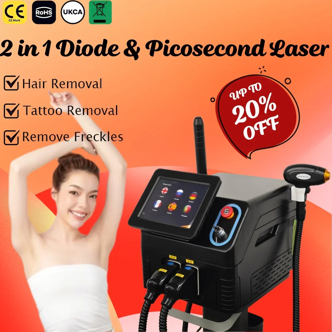 2 In 1 Diode & Picosecond Laser Machine – Hair Removal + Tattoo Removal – 4 Wavelengths, Ice Cooling – Professional Portable Bea