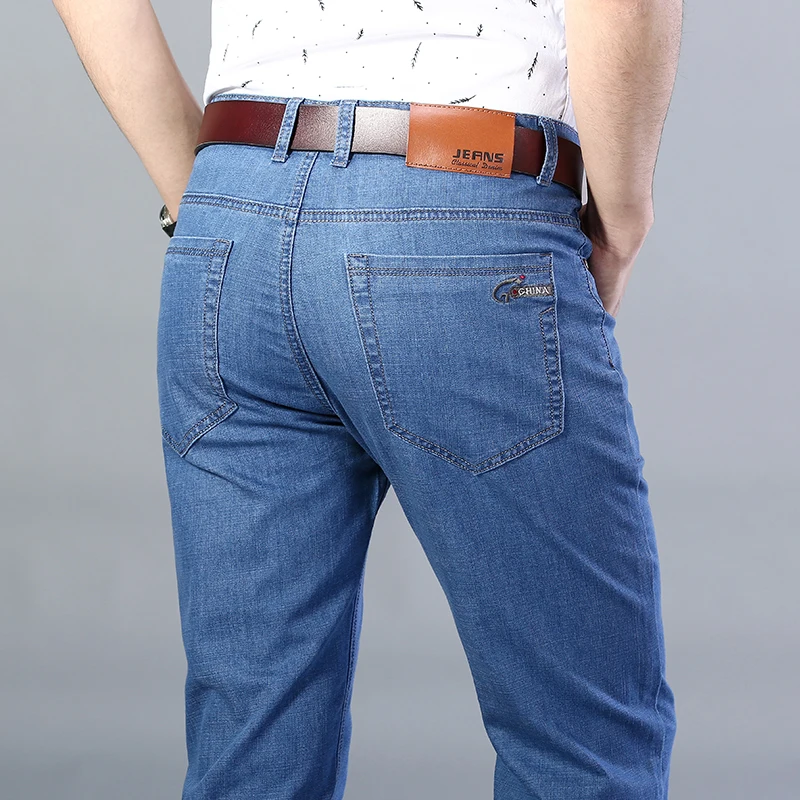 

Весенне-летние новые мужские прямые эластичные тонкие джинсовые джинсы, деловые повседневные брюки, легкие модные брюки с вышивкой