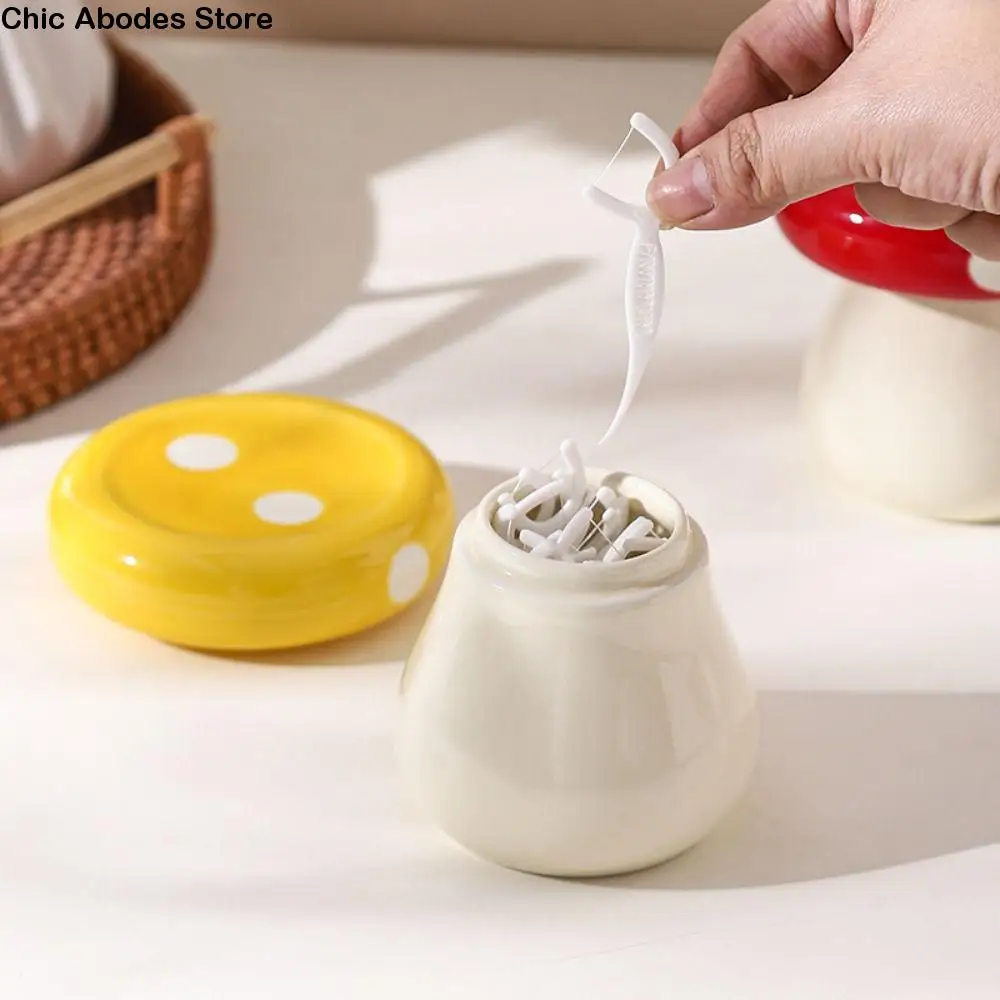 

Ceramics Mushroom Toothpick Box Cute Dust-proof Dental Floss Storage Bottle Decorative Toothpick Dispenser Gift