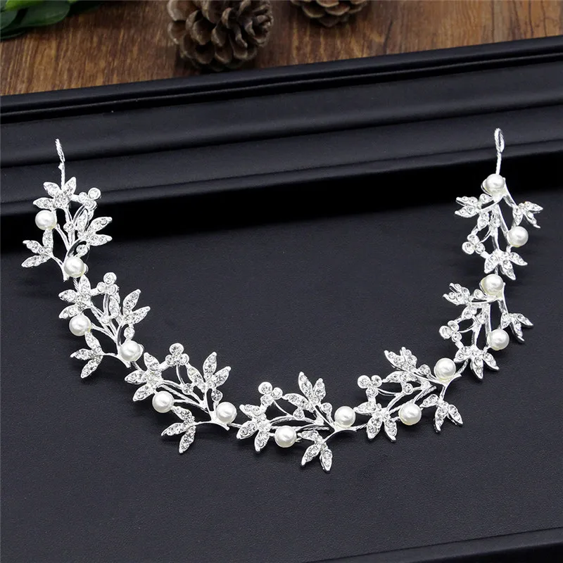 

Flower And Leaf Aolly Jewelry Hair Headpiece For Wedding Fashion Bridal Hairband Sliver Rhinestone Pearl Women Hair Accessories