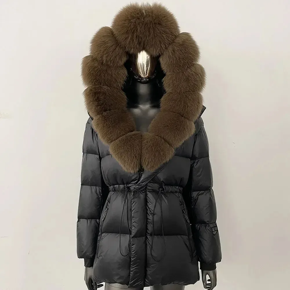 

Real Big Fox Fur Collar Winter Real Fur White Goose Down Jacket Women New Natural Loose Thick Warm Belt Puffer Parka Coat