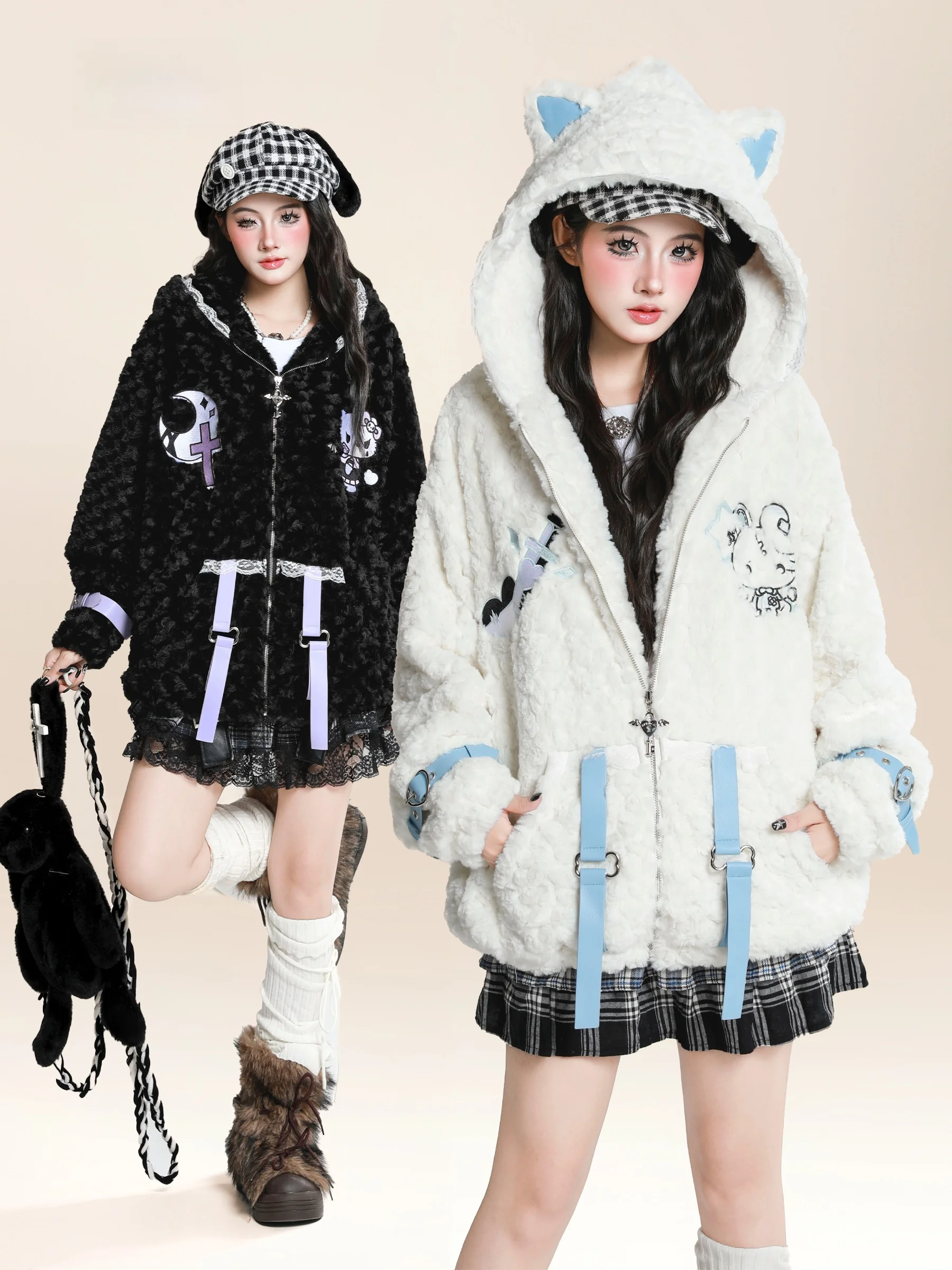 

Korean Sweet Sle Lamb Fur Ear Hooded Cotton Jaet Women's Winter Thi Warm Cotton Coat Outerwear Embroidered Design