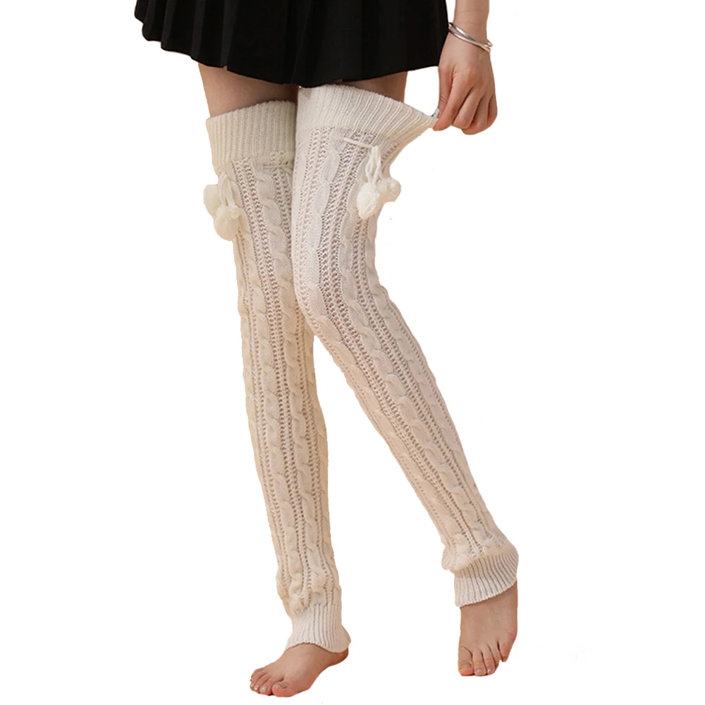 White Women's Long Leg Warmers Winter Knitted Over Knee Warm Stockings Crochet Boots Covers with Hairball Boot Cuffs Pile Socks