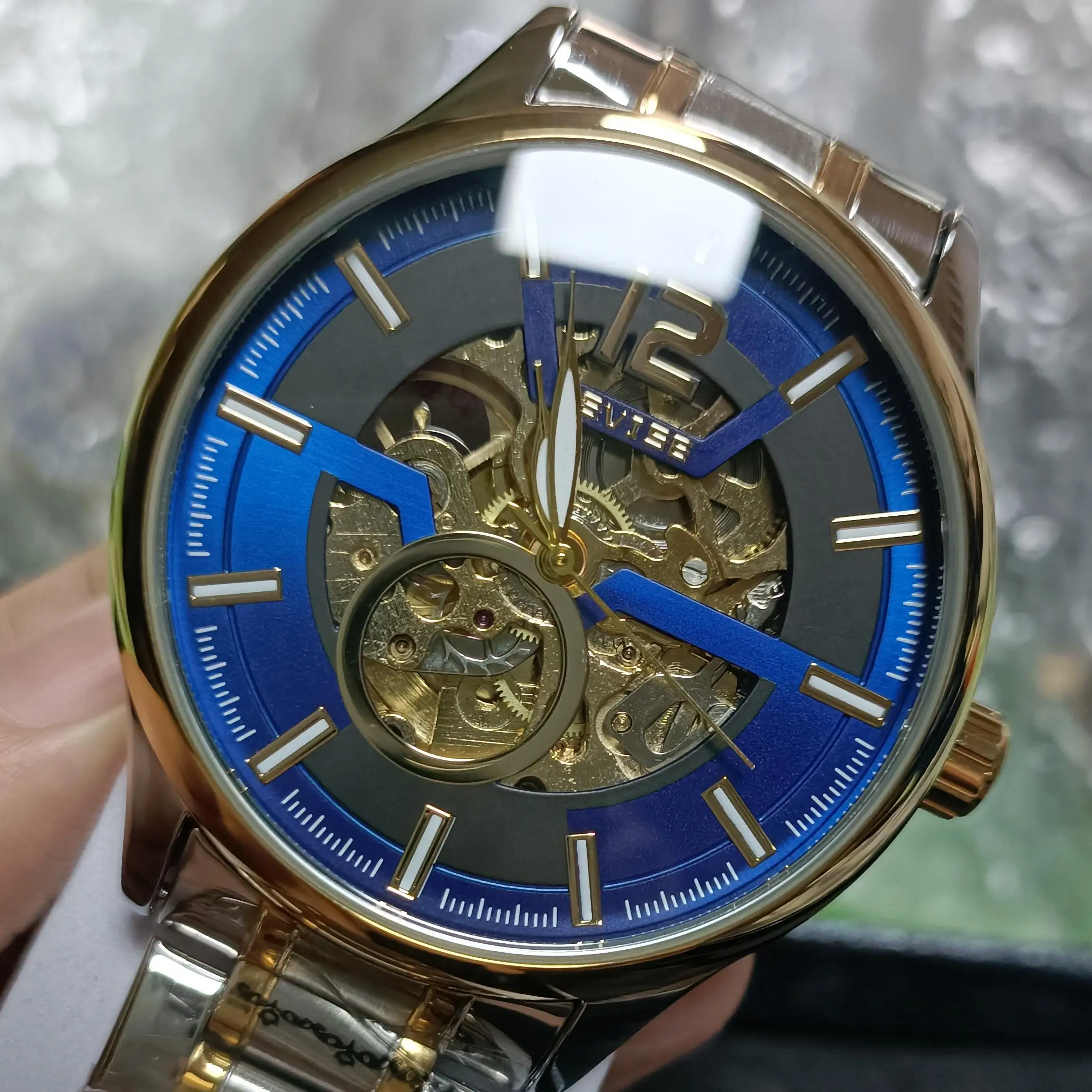 2025 TEVISE ساعة أوتوماتيكية للرجال ساعة يد ميكانيكية مع حزام من الفولاذ المقاوم للصدأ مقاومة للماء هيكل عظمي مضيء هدية