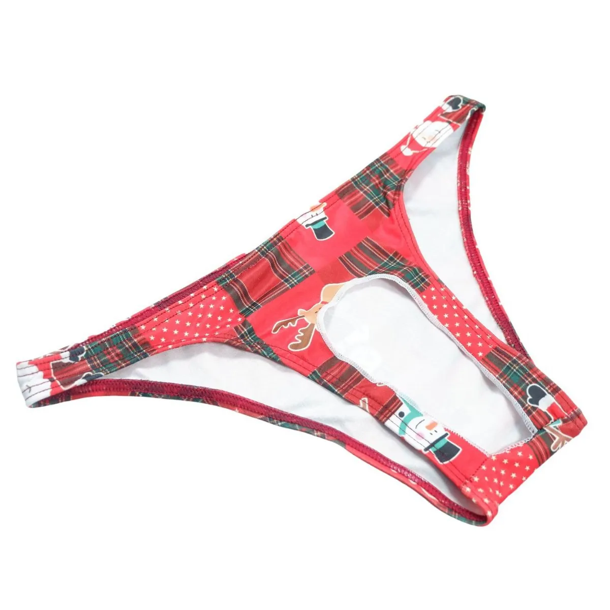 

Men's Christmas Print Open Crotch Low Rise Briefs, Sexy Breathable Festive Holiday Underwear, Funny Santa Reindeer Trunks Bikini