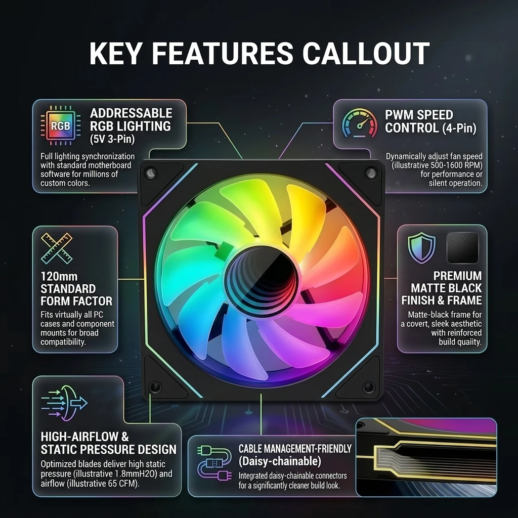 Prism 5 Pro 12CM ARGB Case Fan Silent PWM 120mm PC Cooling Fan High Airflow RGB LED Quiet Computer Chassis Fan 5V 3Pin ARGB Sync image 2
