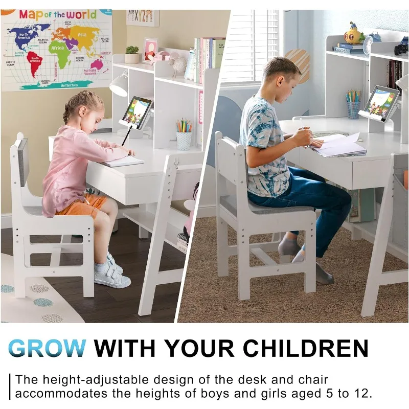GDLF Kids Study Desk and Chair Set, Adjustable Children Study Table with Chair, Kids Wooden Desk with Hutch, Drawers, Book Stand view 4