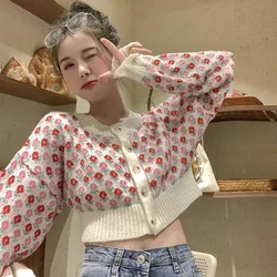 Womens Knitted Sweet Vintage Pink Blue Flower Sweater Kawaii Autumn Korean Fashion Chic Cropped Cardigan Sweaters Girls Tops y2k