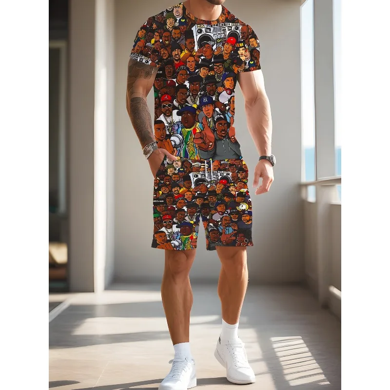 ชุดเซ็ตเสื้อยืดแขนสั้นและกางเกงขาสั้นพิมพ์ลายดิจิตอล 3 มิติ สไตล์เรโทรสุดสร้างสรรค์ สำหรับฤดูร้อนปี 2025 แฟชั่นใหม่ล่าสุด สไตล์ลำลอง