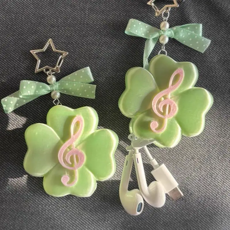 Vintage Circular Record 3D Printed Headphone Storage Pendant Keychain Four-leaf Clover Earphone Decoration Data Cable Organizer