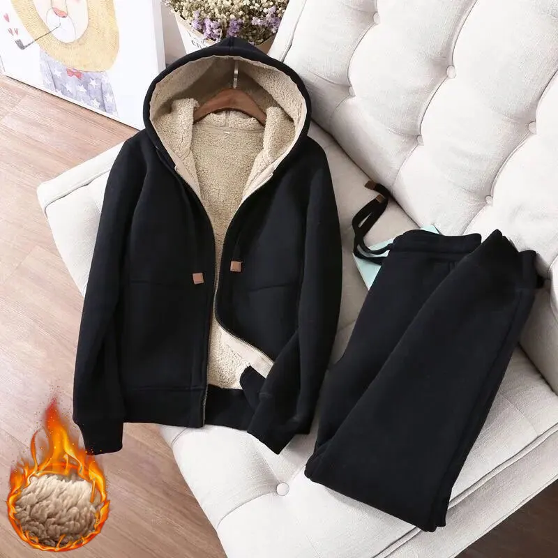 Winter Thick Lambwool Tracksuit Womens Plush Warm Casual Sweatshirt Tops Two Piece Sets Fleece High Waist Jogger Pants Conjuntos