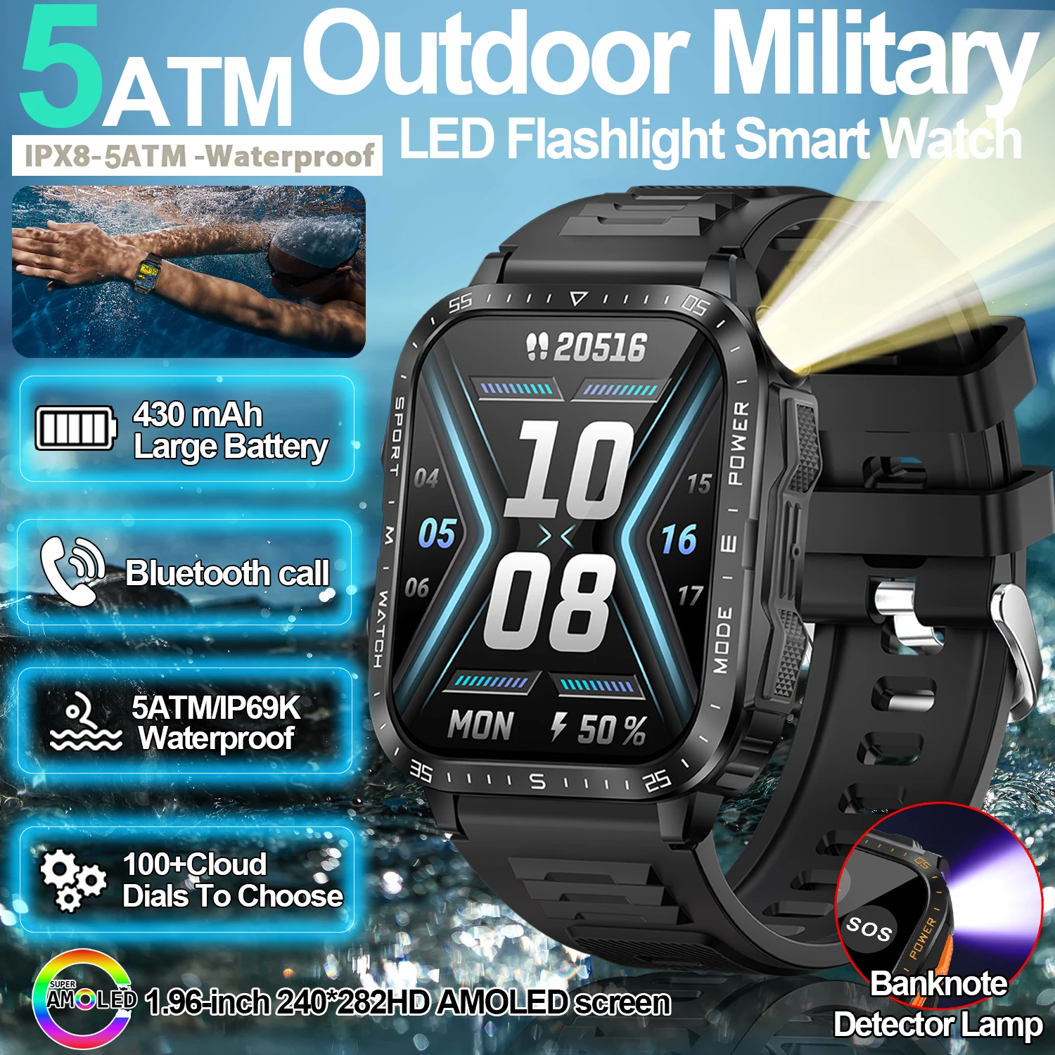 

Новые для HUAWEI Outdoor GPS Военные Смарт-часы Мужчины 1,96 "AMOLED IP69K 5ATM Водонепроницаемые 430 мАч Супер Большая батарея BT Call Watch