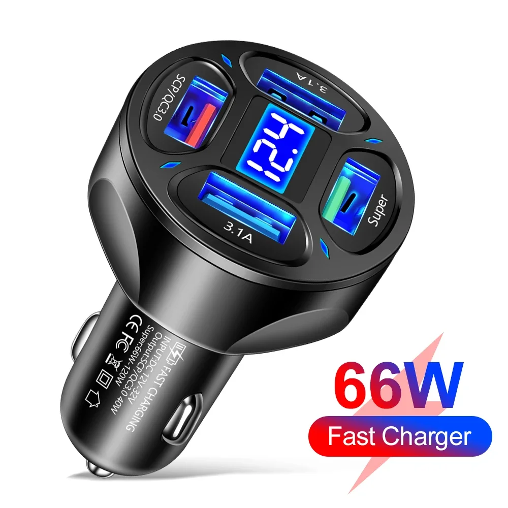 66W Car Charger QC 3.0 USB Car Charger Quick Charging 4-Port Phone Charger Cigarette Lighter Adapter Charger for IPhone Xiaomi