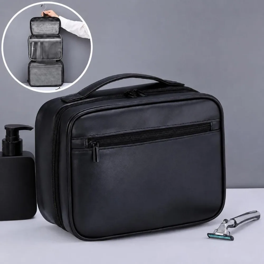 New PU Leather Travel Toiletry Bag Large Capacity Hanging Hook Wash Bag Organizer Waterproof Cosmetic Organizer Bag Men