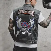 Men Street Motorcycle Show Costume Fashion Printing Casual Heavy Craftsmanship Worn Out Washed Men's Denim Waistcoat Vest