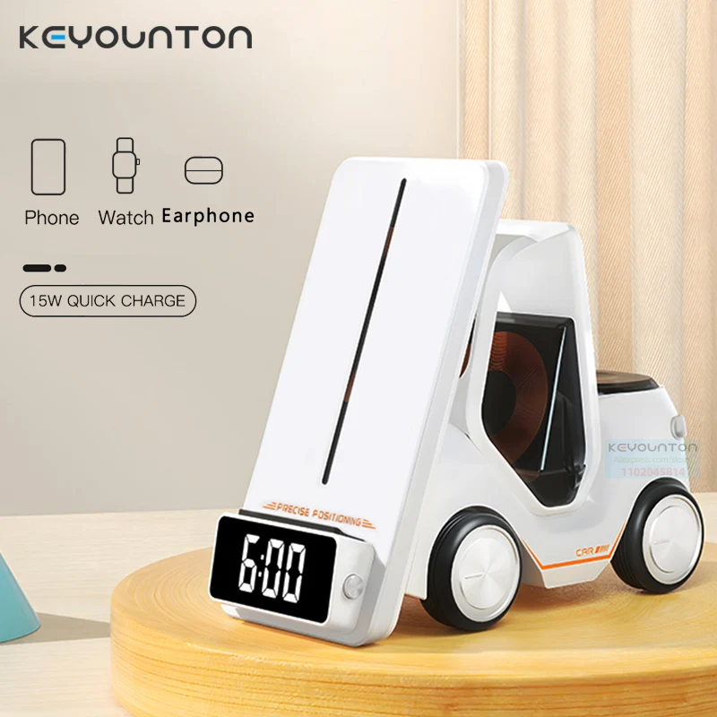 

Wireless Charger Stand 4 In 1 Alarm Clock For iPhone16 15 14 13 12 11 iWatch10 9 8 7 Airpods Fast Charging Station Phone Holder