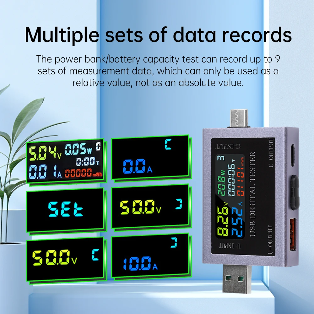 Multifunktionaler USB+Typ-C-Spannungs-Strommesser DC 4,5–50 V Digitalanzeige Spannungsstrom-Leistungsmesser 0–8 A Kapazitätstester