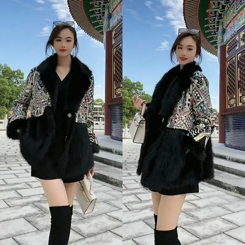 Faux Fur Coat for Women,Sequins Jacket,Covered Button Loose Long Overcoat, Thick Warm Female Clothing,New,High Quality,Winter