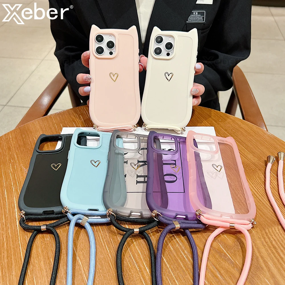 猫の耳の漫画の電話ケース,iPhone 14,15,11,12,13 pro maxの調整可能なショルダーストラップ付きソフトシリコンケース