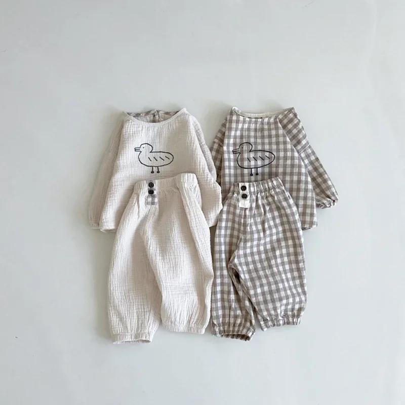 7117 Baby Kids Clothing Set Spring And Autumn Baby Boys Suit Cotton Hemp Top + Pants Girls 2pcs Suit Casual Clothes