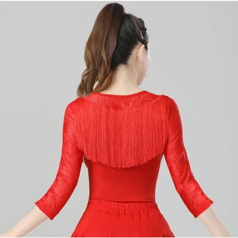 Abito da ballo latino standard nazionale personalizzato per donne adulte Abbigliamento da ballo moderno con nappe e top da allenamento a maniche lunghe nero