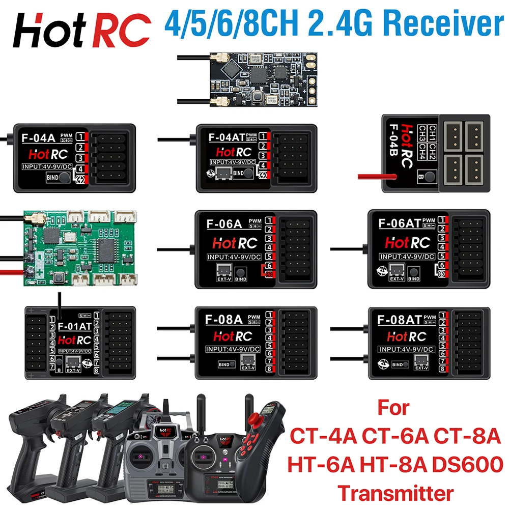 

HotRC 4/5/6/8CH RC Receiver 2.4GHz Multi Channels Receivers with Gyro Long Range for CT-4A CT-6A CT-8A HT-6A HT-8A DS600