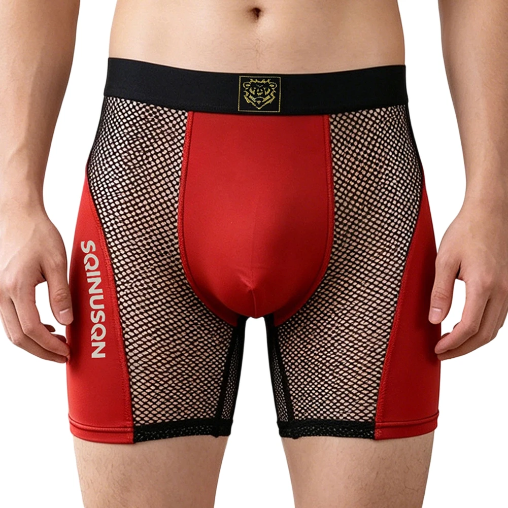 

Elastic Men Ice Silk Breathable Fishnet Mesh Patchwork Boxers Shorts Fashion Extended Gym Fitness Boxer Underwear