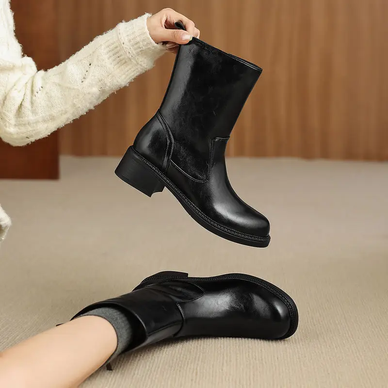 2027 Fashion Short Boots Women's New High Quality Split Leather Calf Boots Round Head Mid Top Boots Street Style Women's Shoes