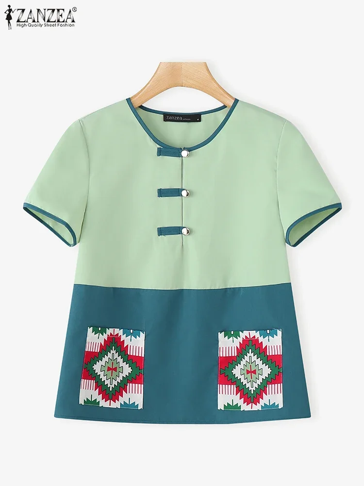 ZANZEA 2025 Printed Blouse Women Casual Loose Pockets Tops Fashion OL Work Tunic O Neck Patchwork Summer Pullover Oversized