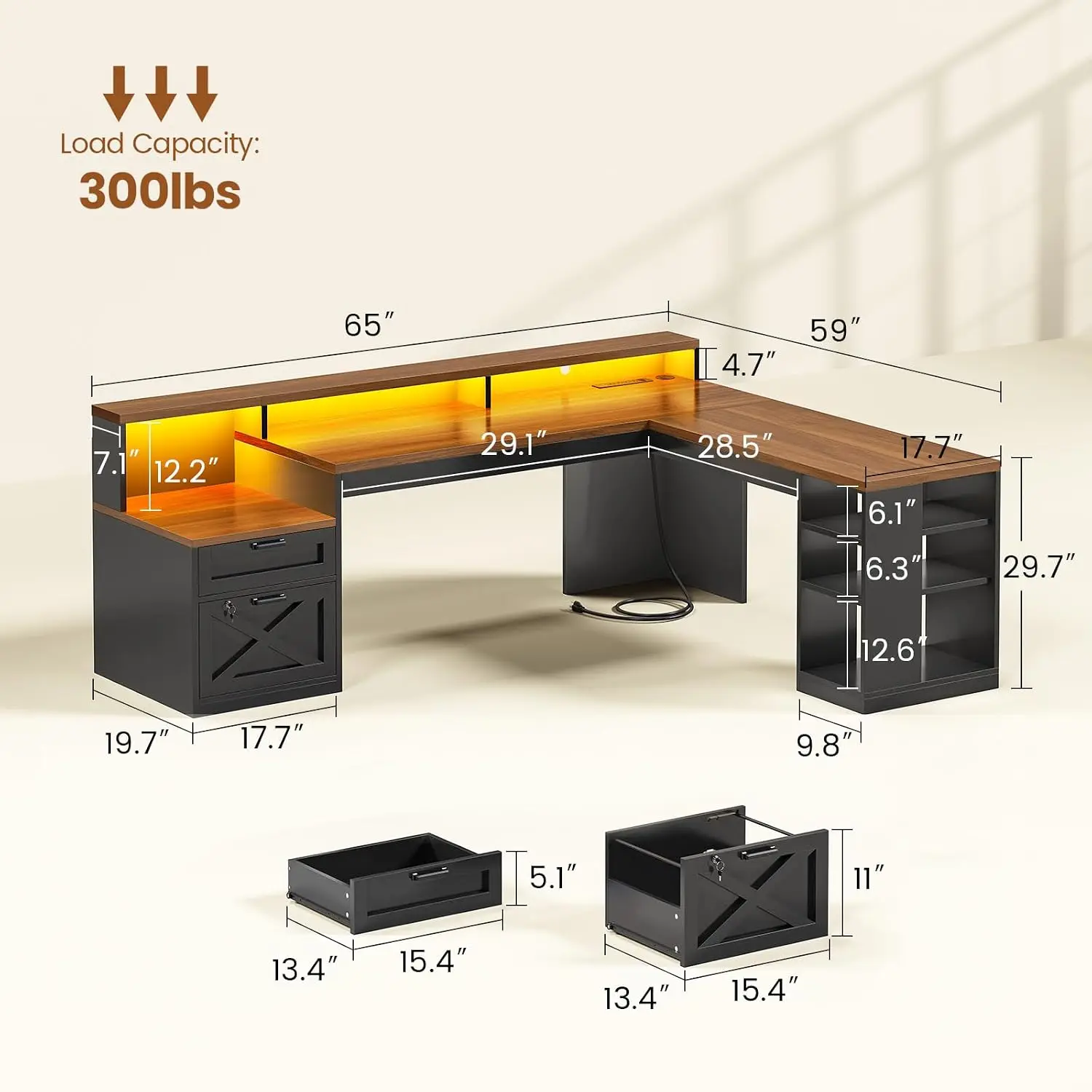 L Shaped Desk With Lockable Drawers Storage For Home Office 65x59 Inch, Customized